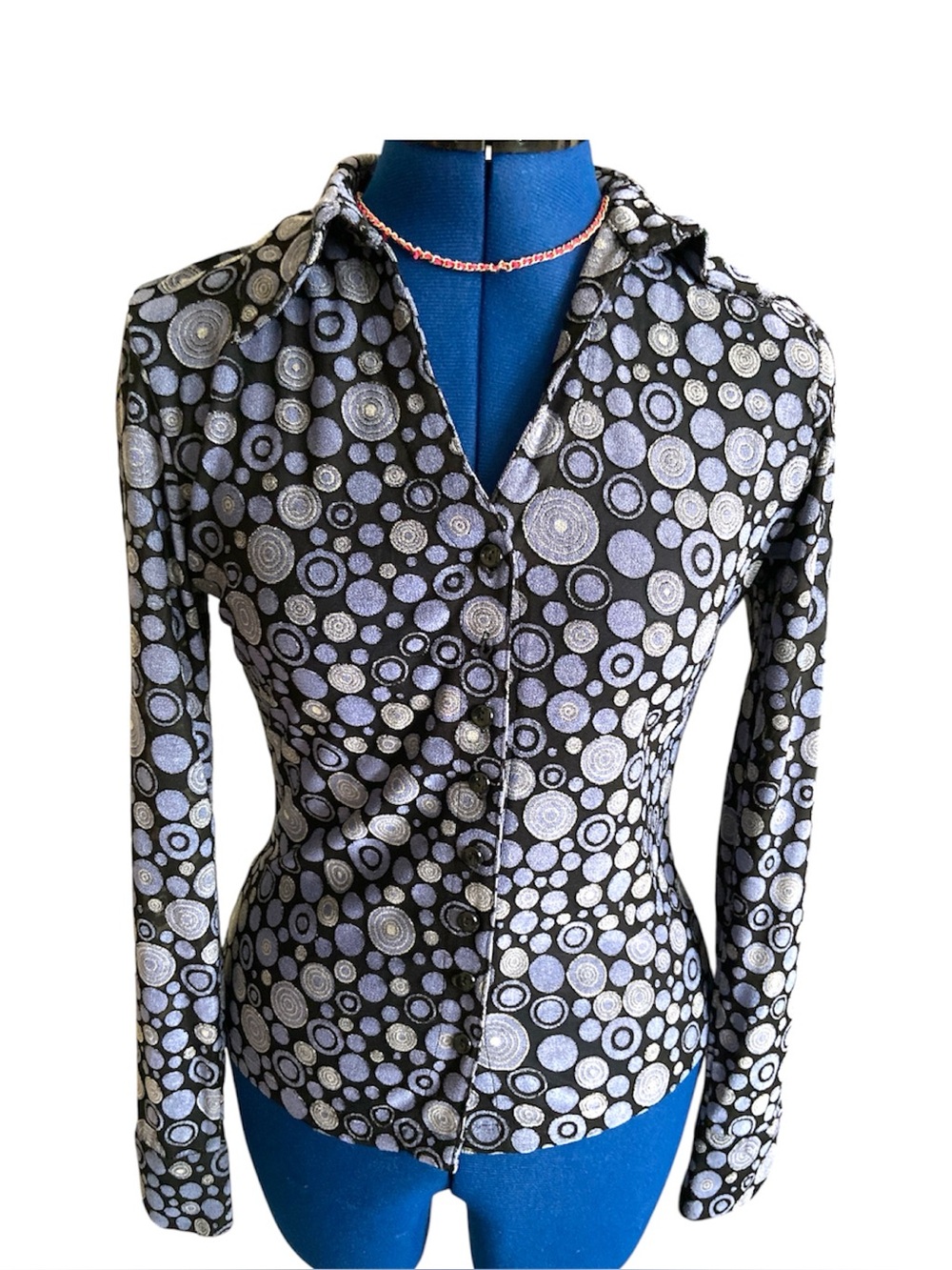 Y2K New York & Co Purple Circle Artsy Print Long Sleeve Sheer Button Down Shirt